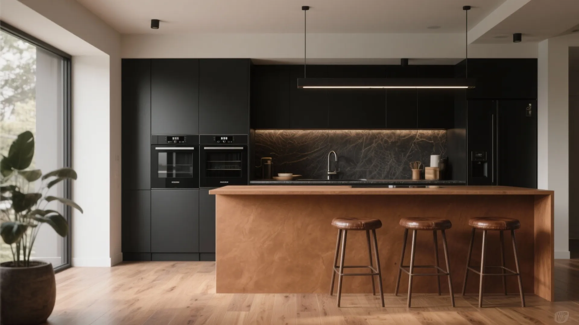 Modern dark kitchen with wood island three bar stools black cabinets double ovens and marble wall