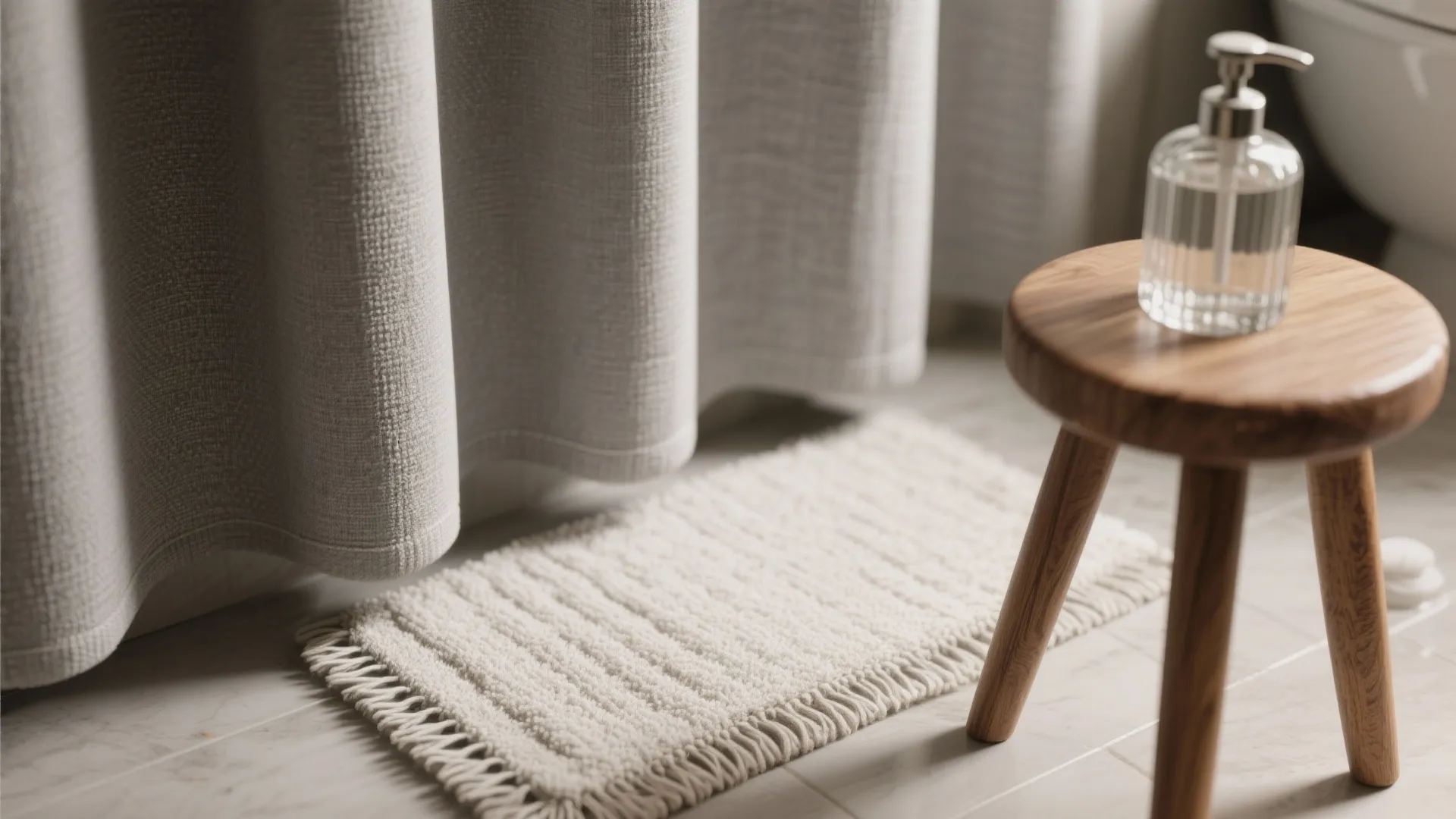 Soft white bathroom rug on tile floor next to wooden footrest with clear glass soap