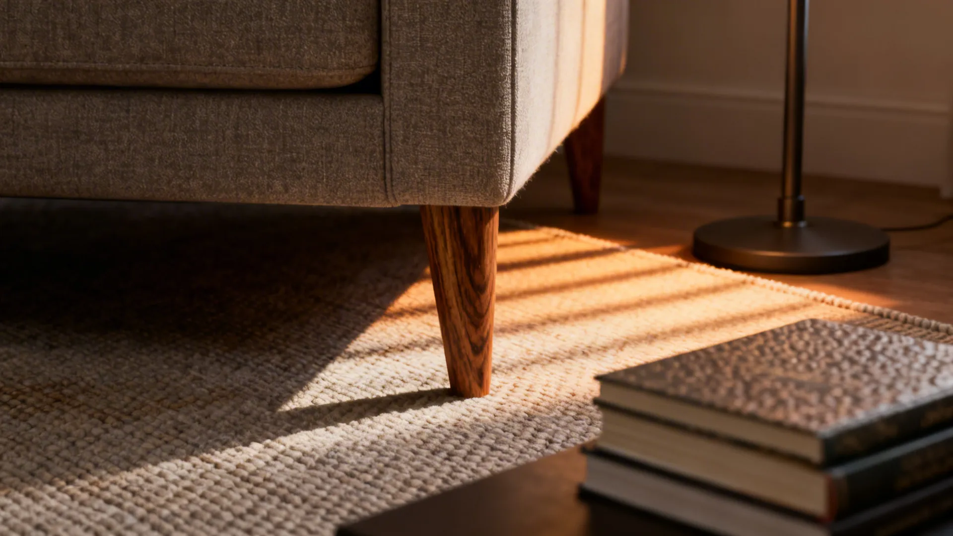 Layered rug edge, sofa legs, and lamp highlighting texture and scale without a coffee table.