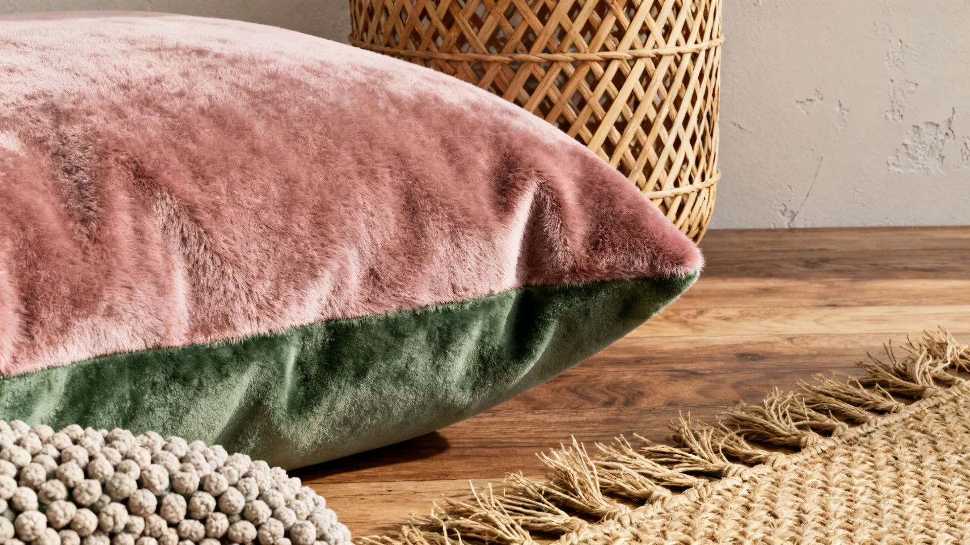 Close-up of velvet, rattan, jute, and boucle textures in pink and green tones.