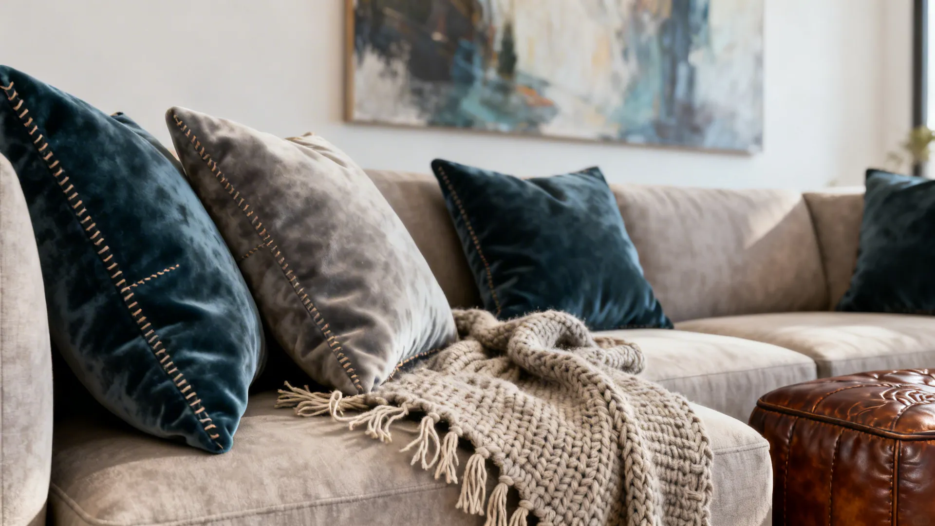 Close-up of velvet pillows, knitted throw, and leather ottoman layered around a sectional