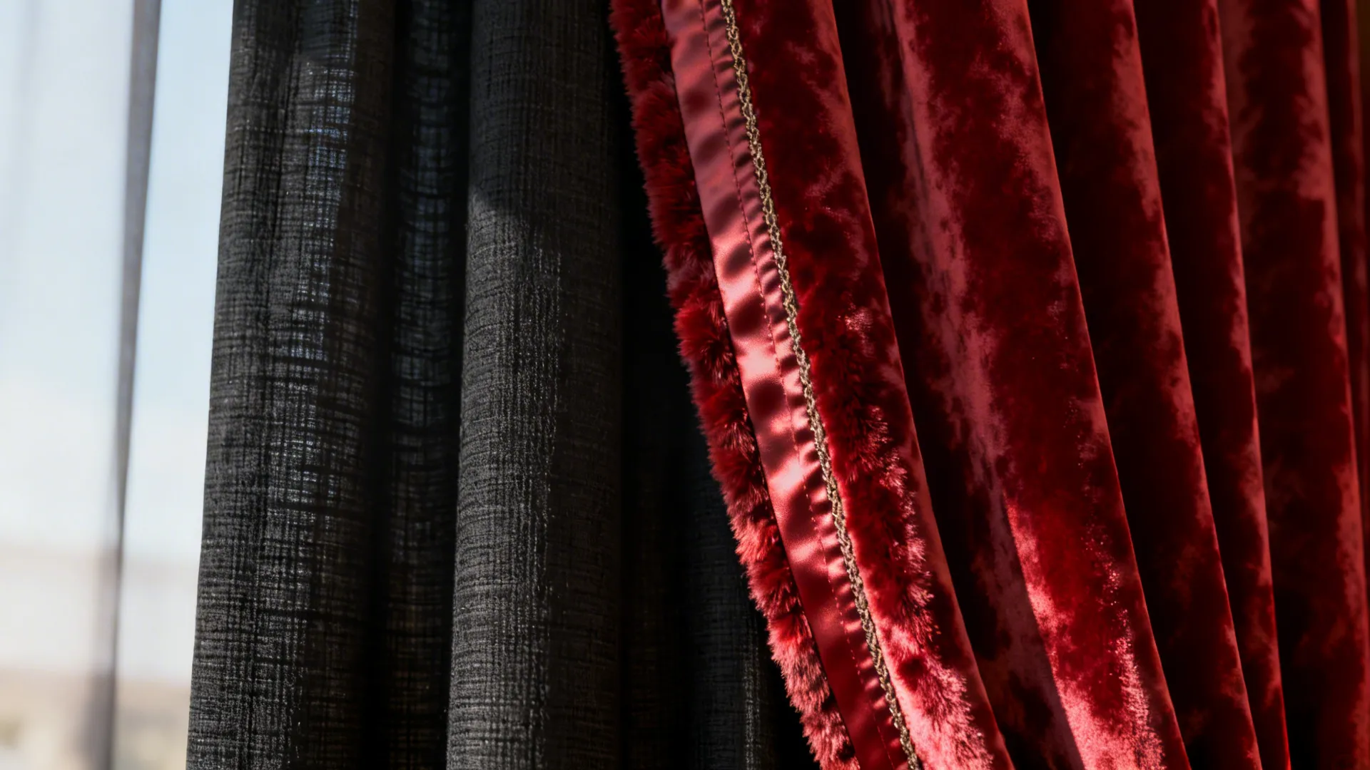 Close-up of matte black linen layered with glossy red velvet and silk trim showing tactile contrast