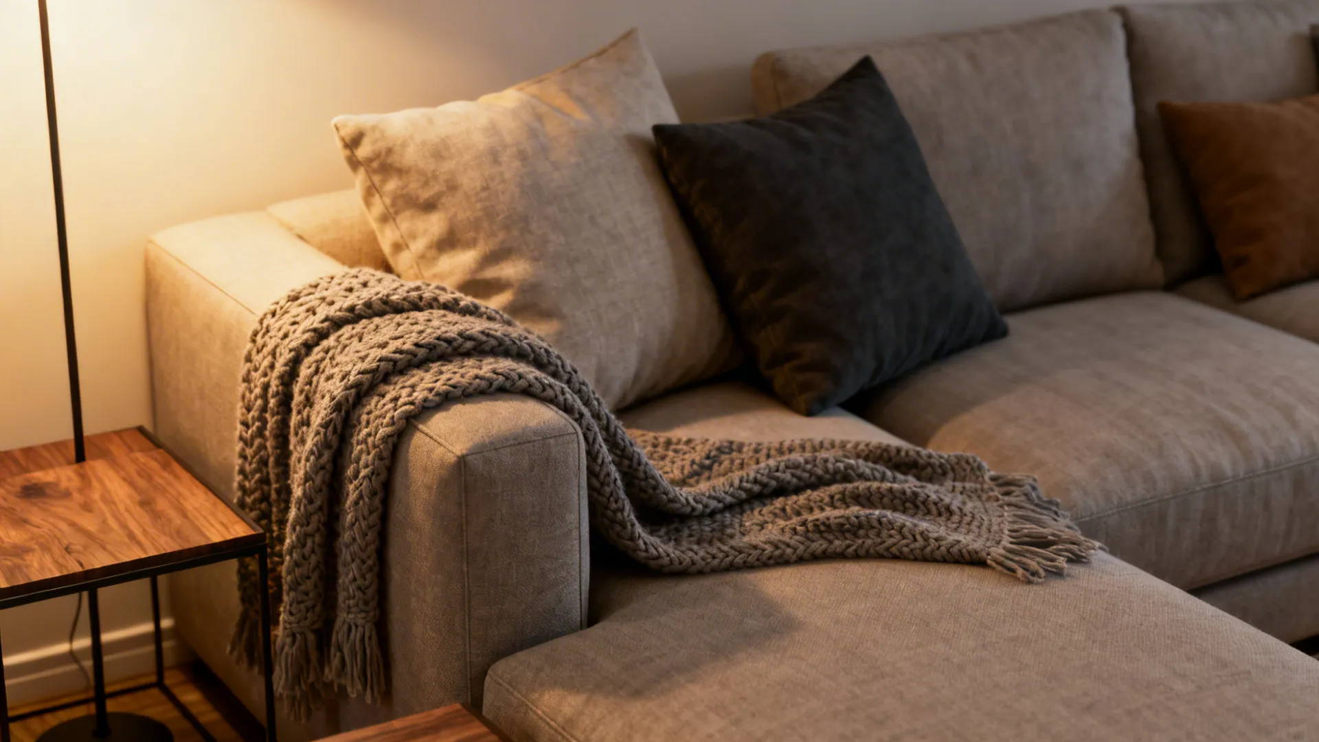Close-up of layered cushions and throw on an L-shaped sofa with warm lamp lighting