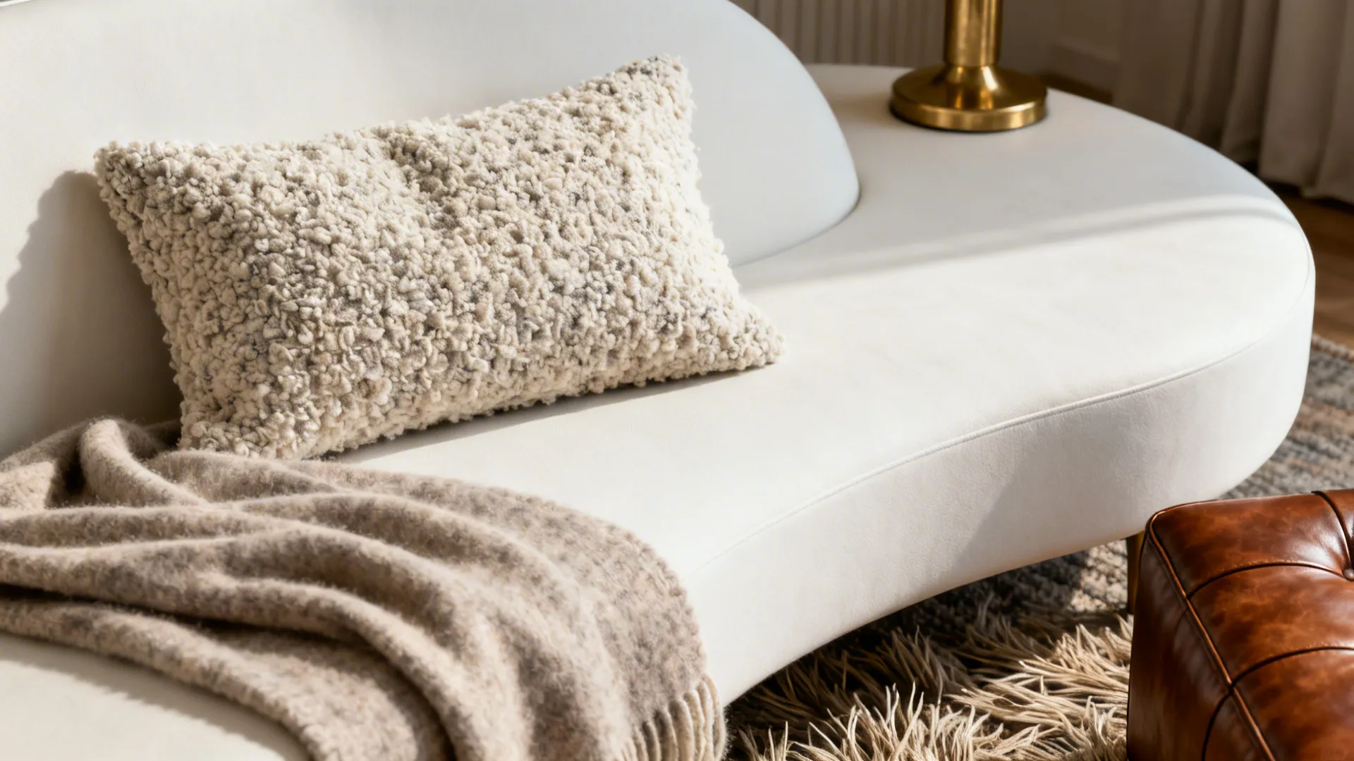 Close-up of boucle cushion, wool throw and leather ottoman next to a white curved sofa