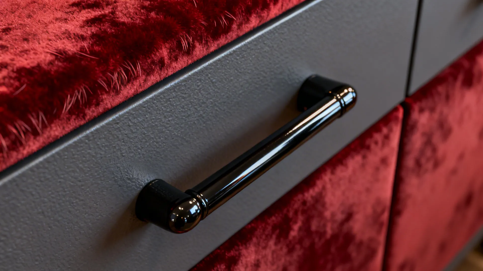 4. Layer textures: velvet red, matte grey, glossy black accents