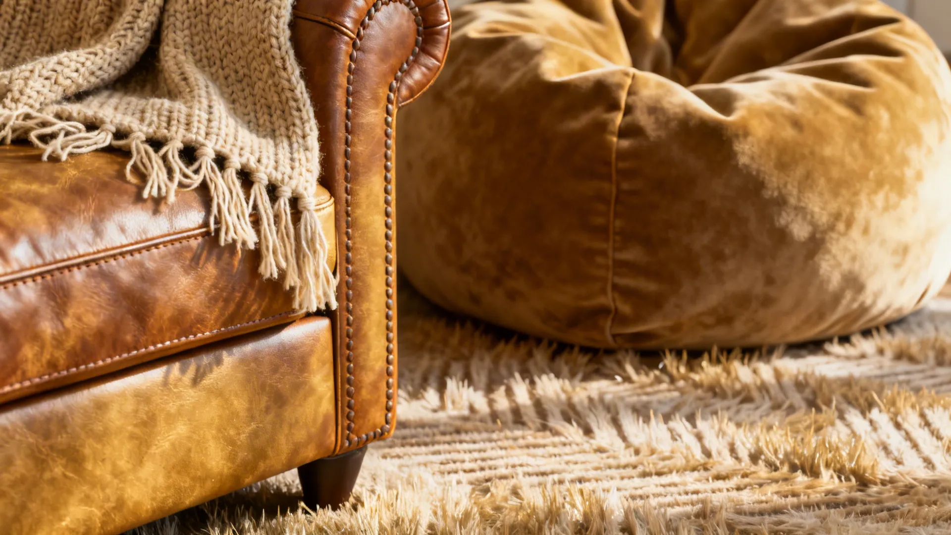 Macro detail of leather sofa, knit throw, and suede bean bag textures layered together