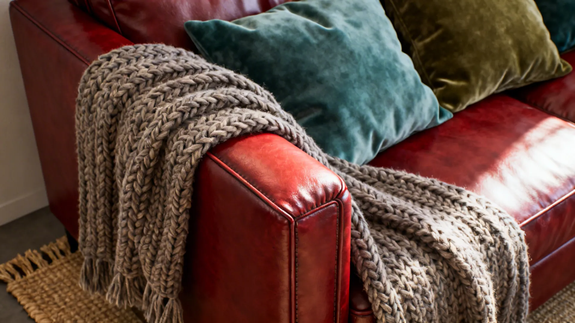 Close-up of red leather couch with chunky knit throw and muted velvet cushions on a jute rug.