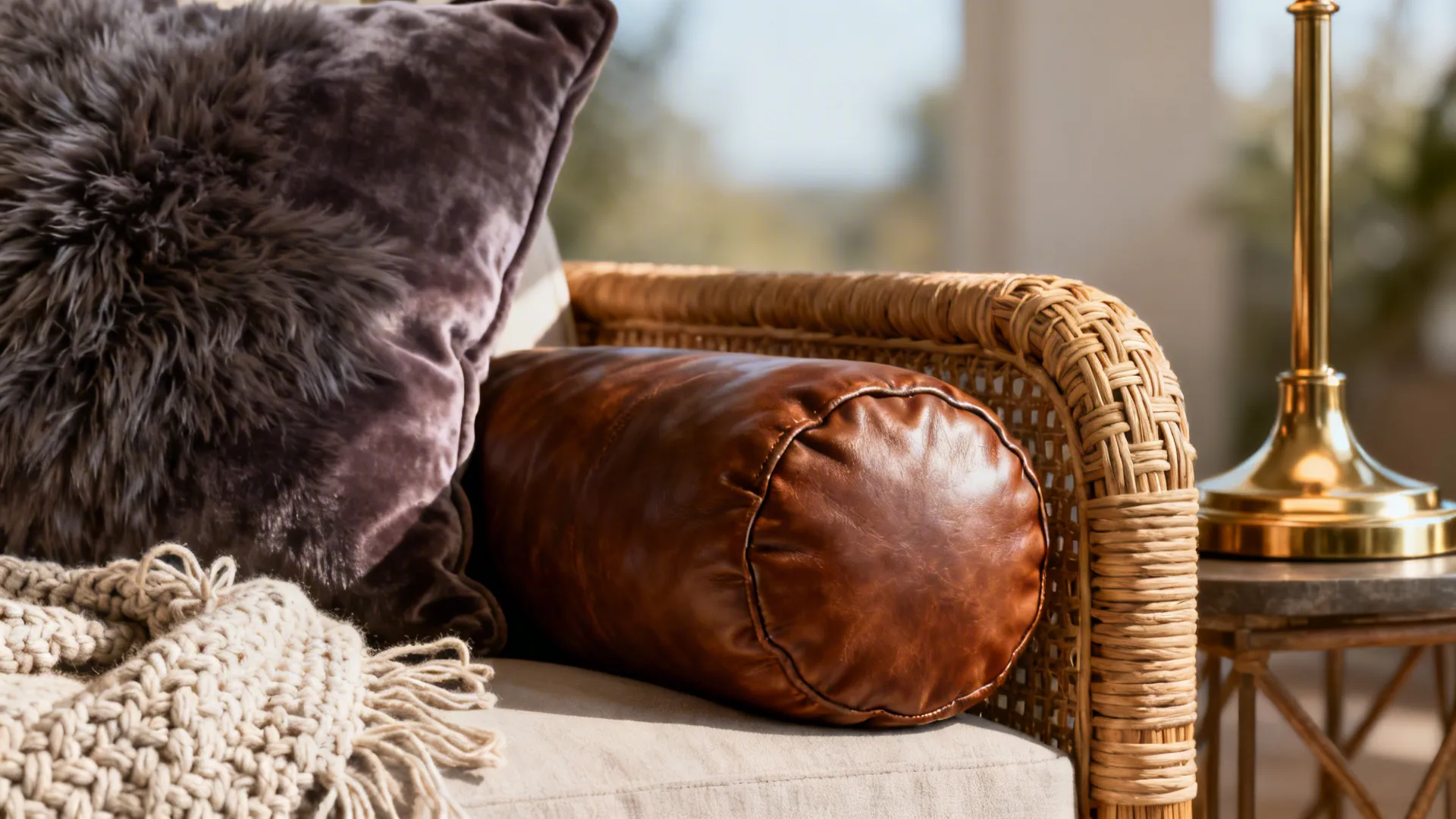 Close-up of velvet, leather, rattan and knit textures layered on living room furniture.