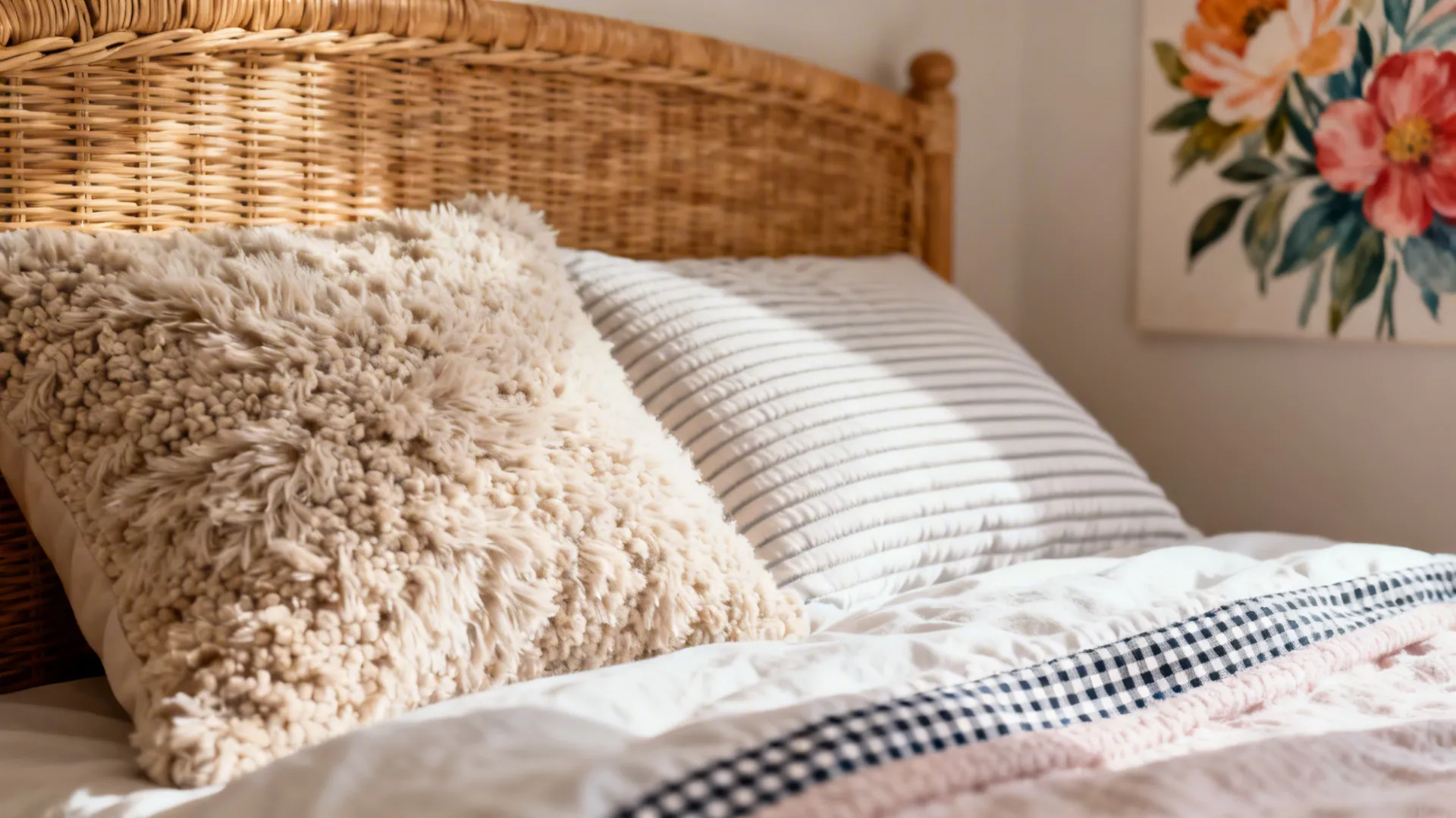 Macro of bouclé pillow, ribbed duvet, rattan headboard, and gingham textile.
