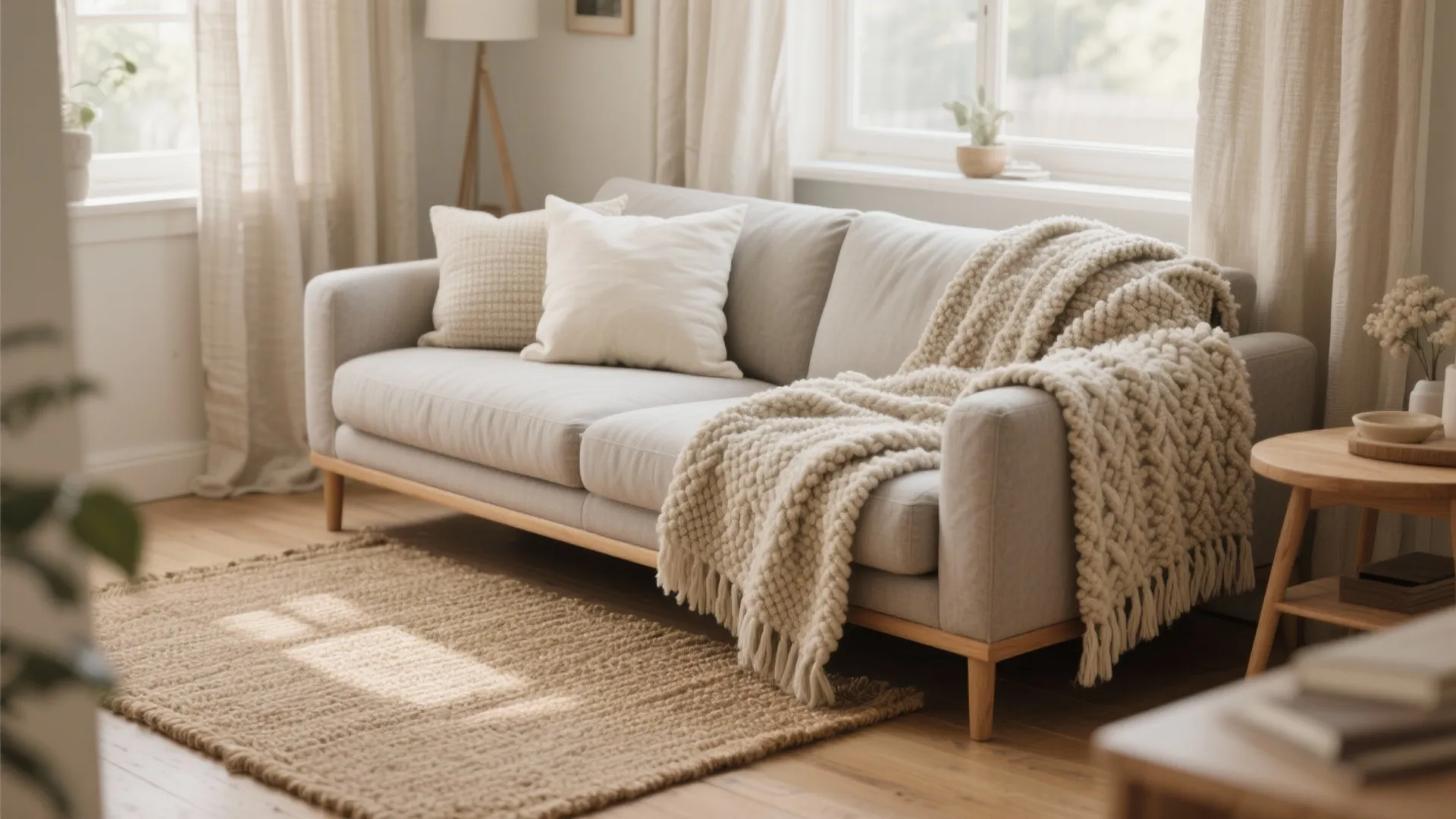 Cozy small living room with boucle throw, cotton pillows, jute rug, and linen curtains layered in neutrals.