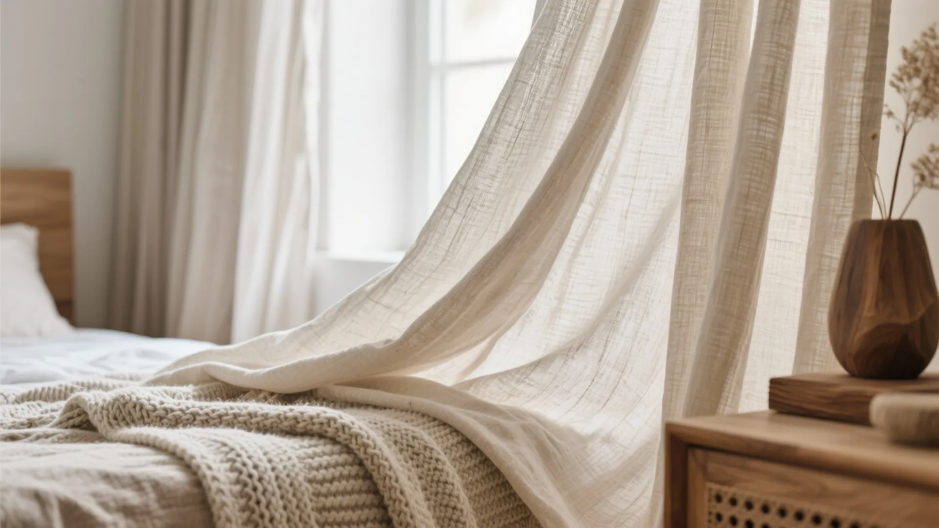 Close up of light beige curtain and textured blanket in a cozy sunlit bedroom setting