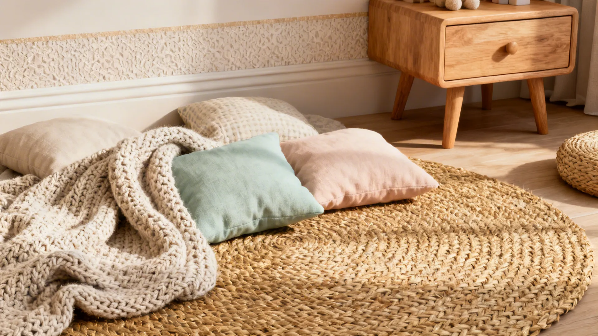 Close-up of woven rug, textured wallpaper, and soft textiles creating depth in a light nursery palette.