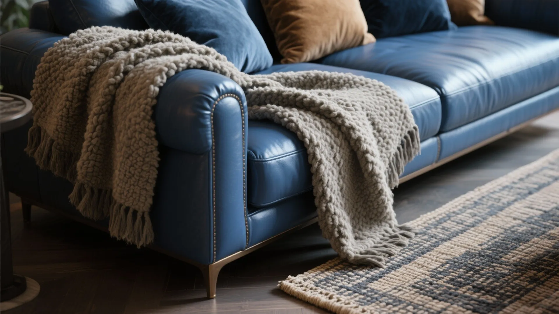 Close up of a blue leather sofa with a grey knit blanket and soft pillows