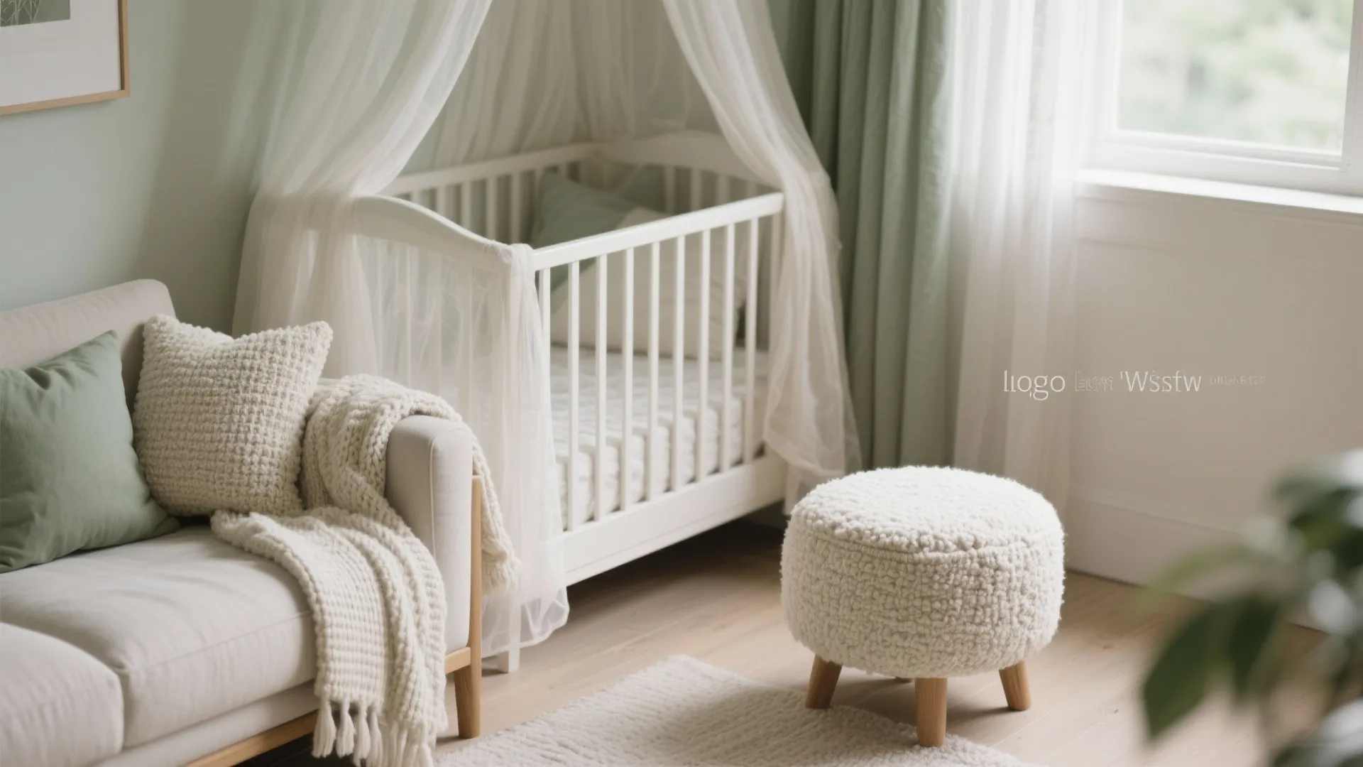 Cozy baby nursery featuring white wooden crib, soft curtain, cream sofa, and fluffy white footrest