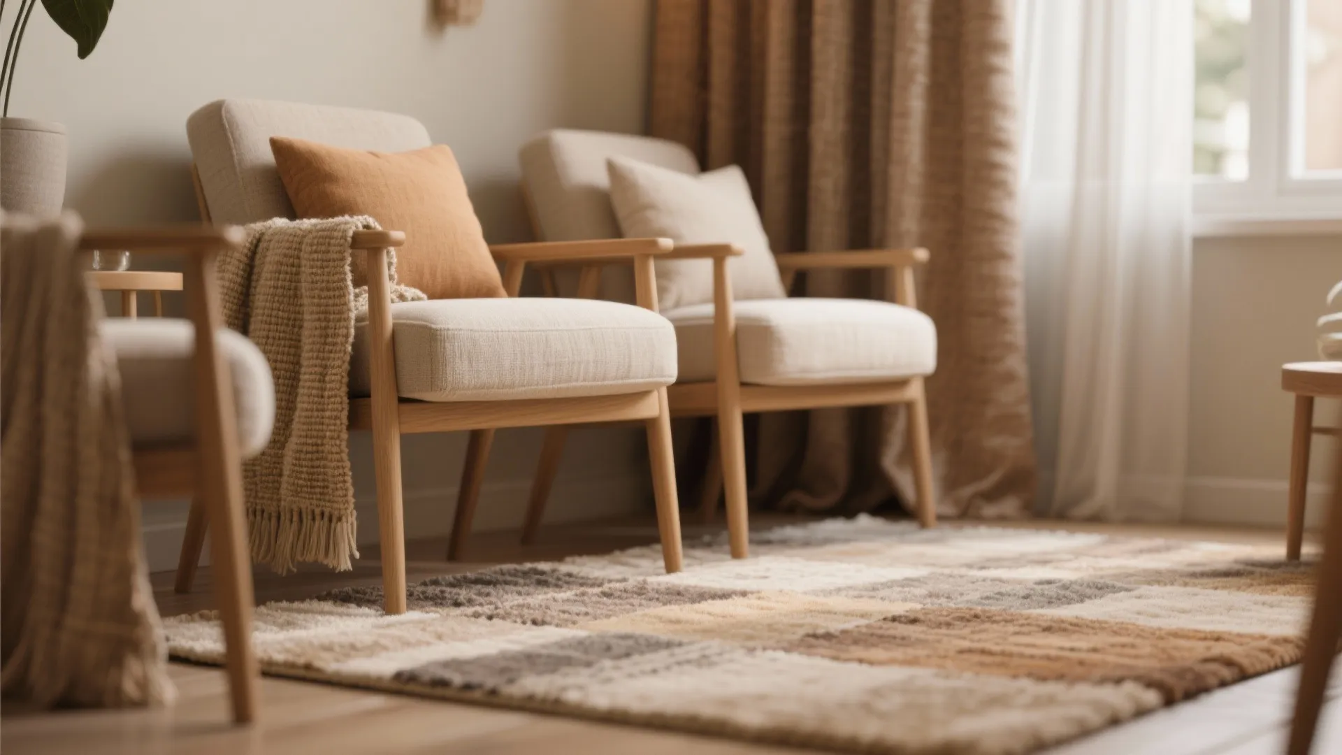 Two comfortable beige armchairs with wooden frames sitting on a textured rug near a window