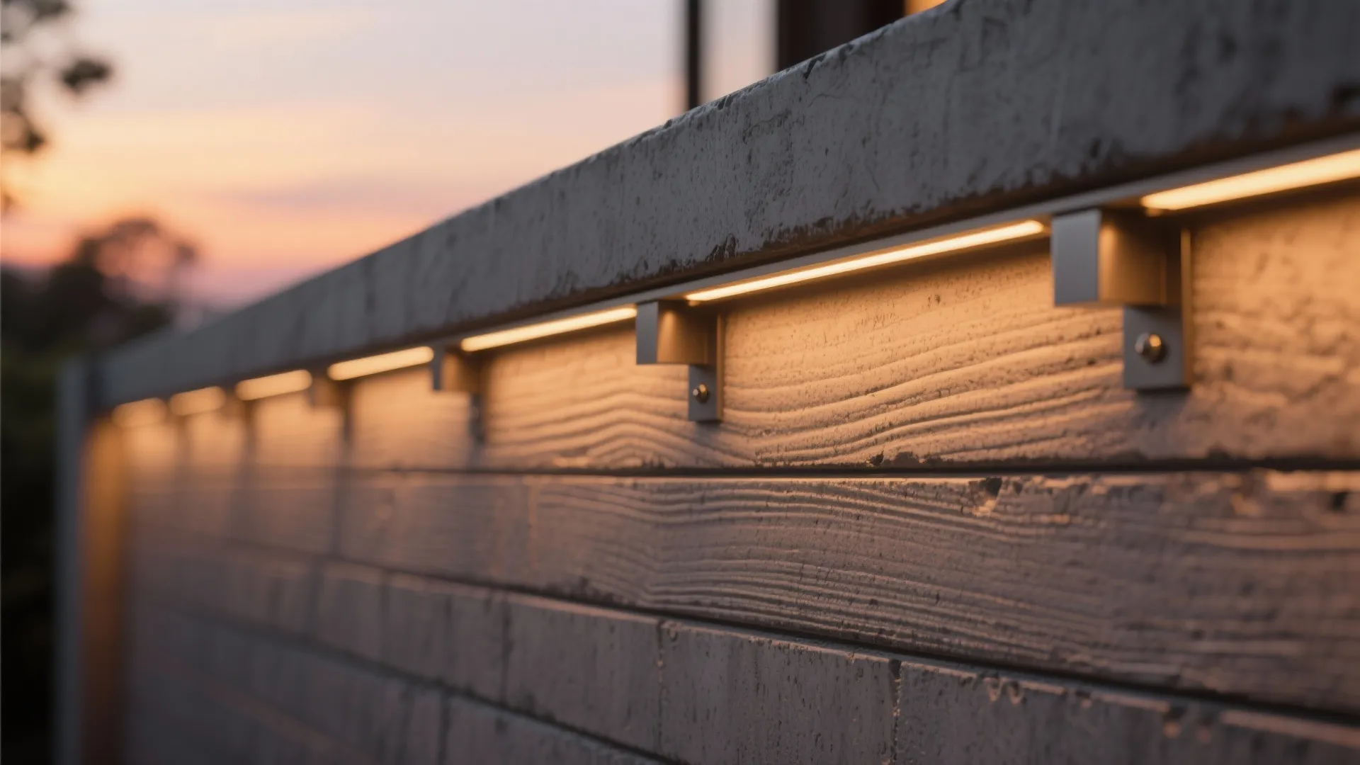 Warm strip light fixtures mounted on a textured stone wall during a sunset in evening