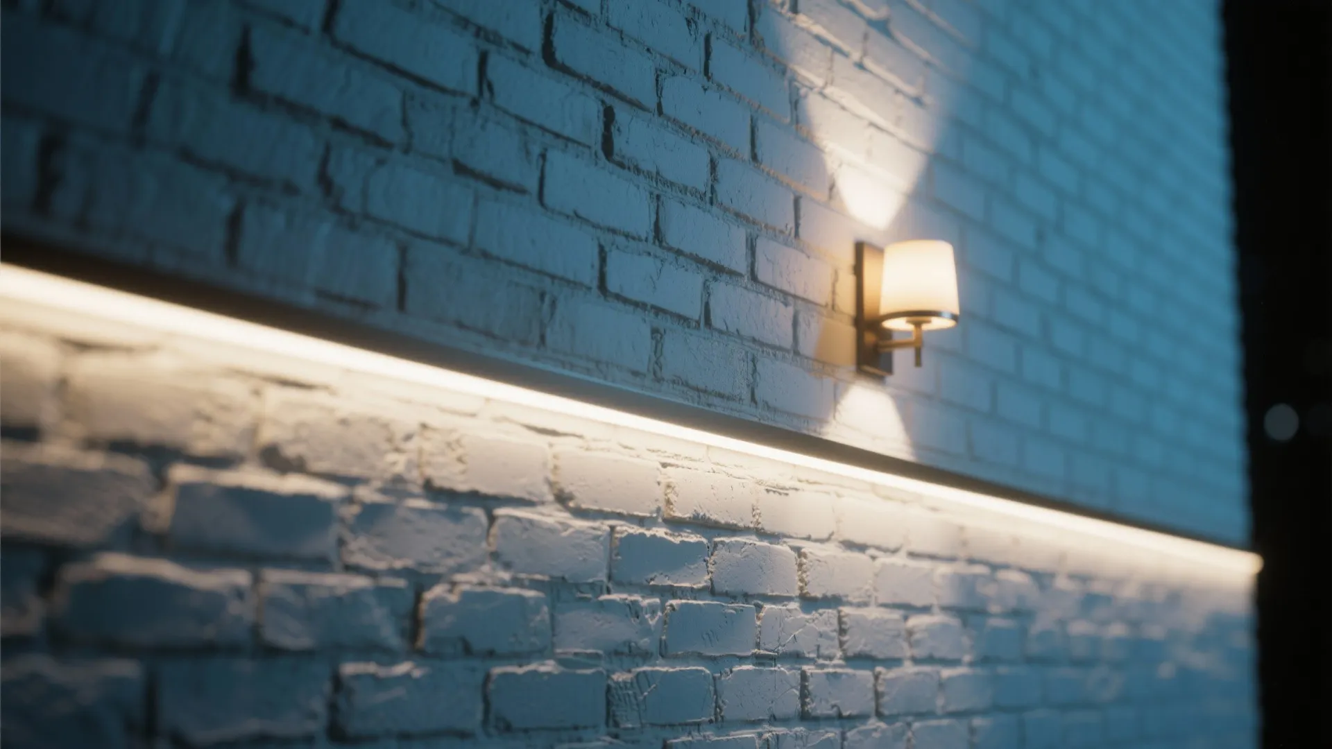 Close-up of white painted brick lit by directional wall-wash lighting, emphasizing texture and shadow.