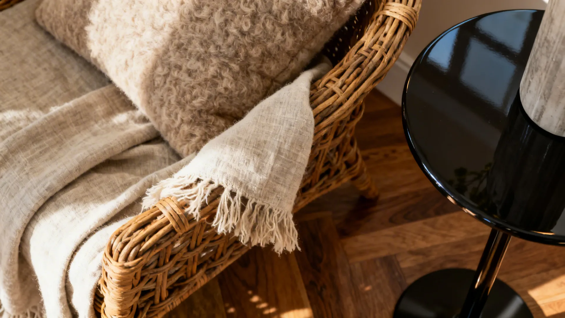 Close-up of linen, wool, woven basket and glossy black table showing texture and light.