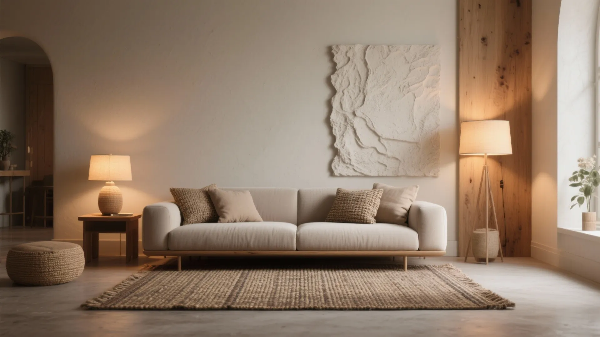Modern living room with beige sofa textured wall panel floor lamp rug and warm indoor lighting