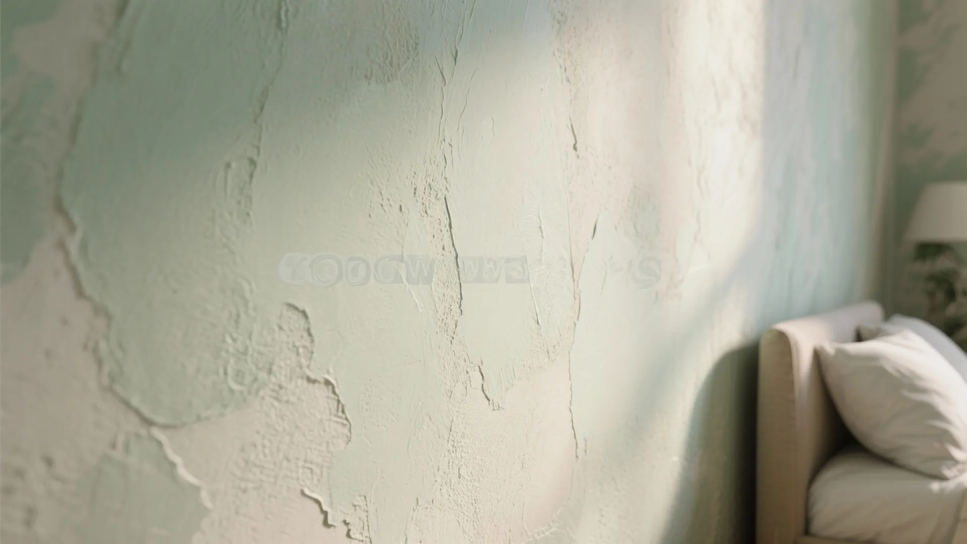 Close up view of light green textured wall finish inside a bright and cozy bedroom