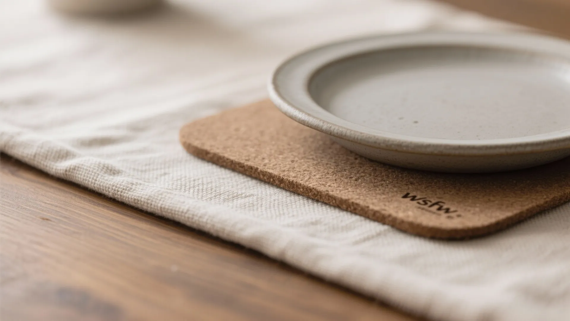 Close up of white ceramic plate on cork mat over fabric runner on wooden table