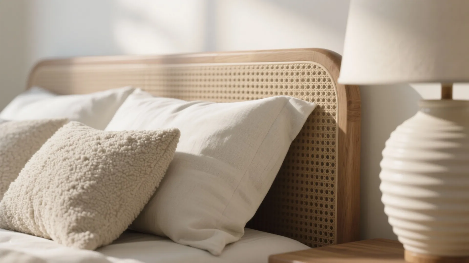 Close up of a woven wood headboard with soft white pillows and a table lamp