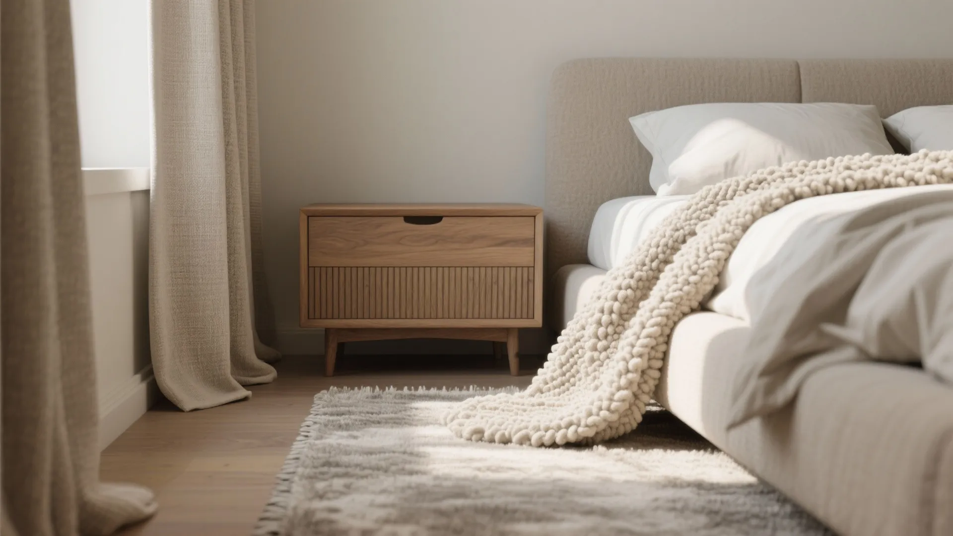 Wooden nightstand next to a bed with a chunky knit blanket and soft neutral curtains