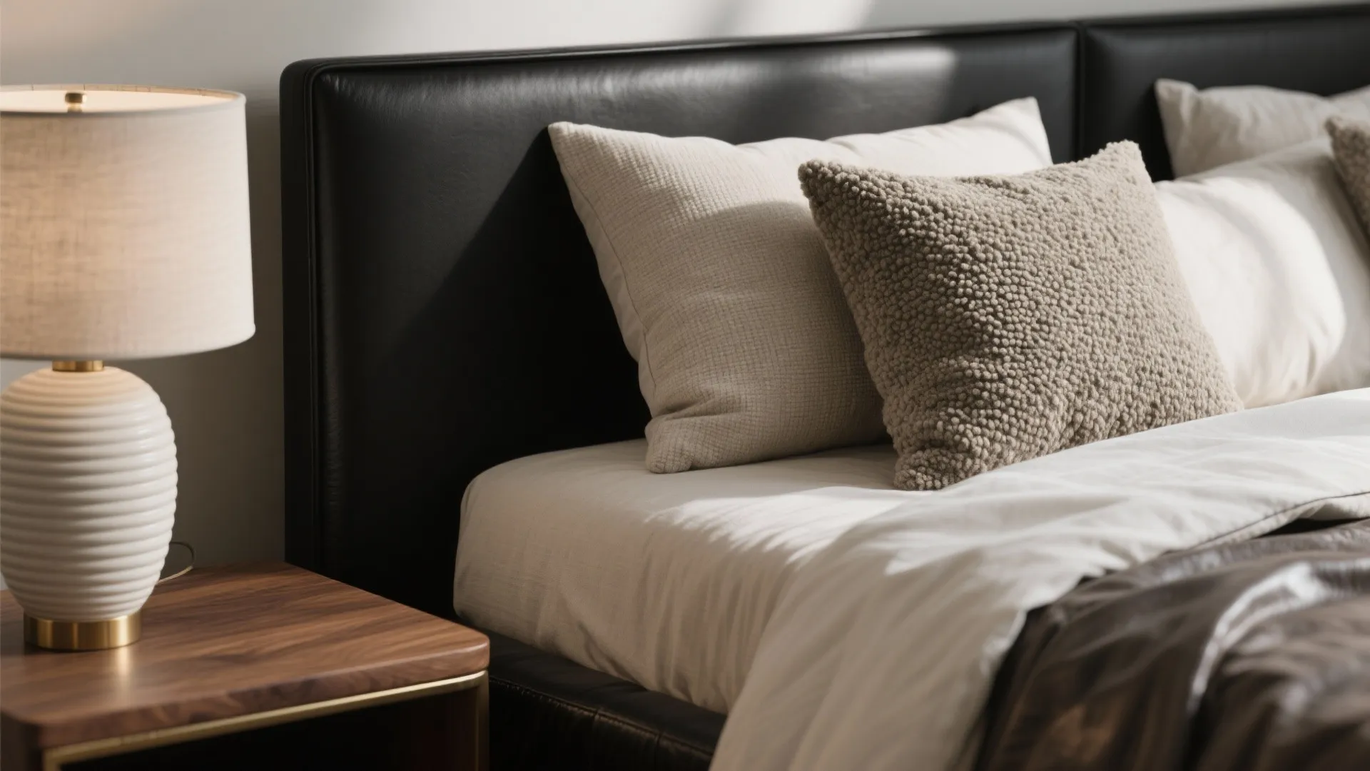 Close up of bedroom showing black leather headboard, textured pillows, white light fixture, wooden table