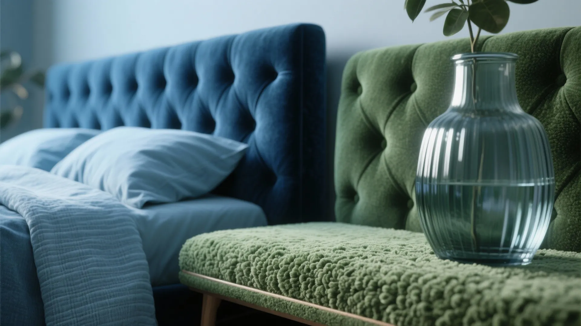 Close up of a blue bed next to a green sofa and a glass vase