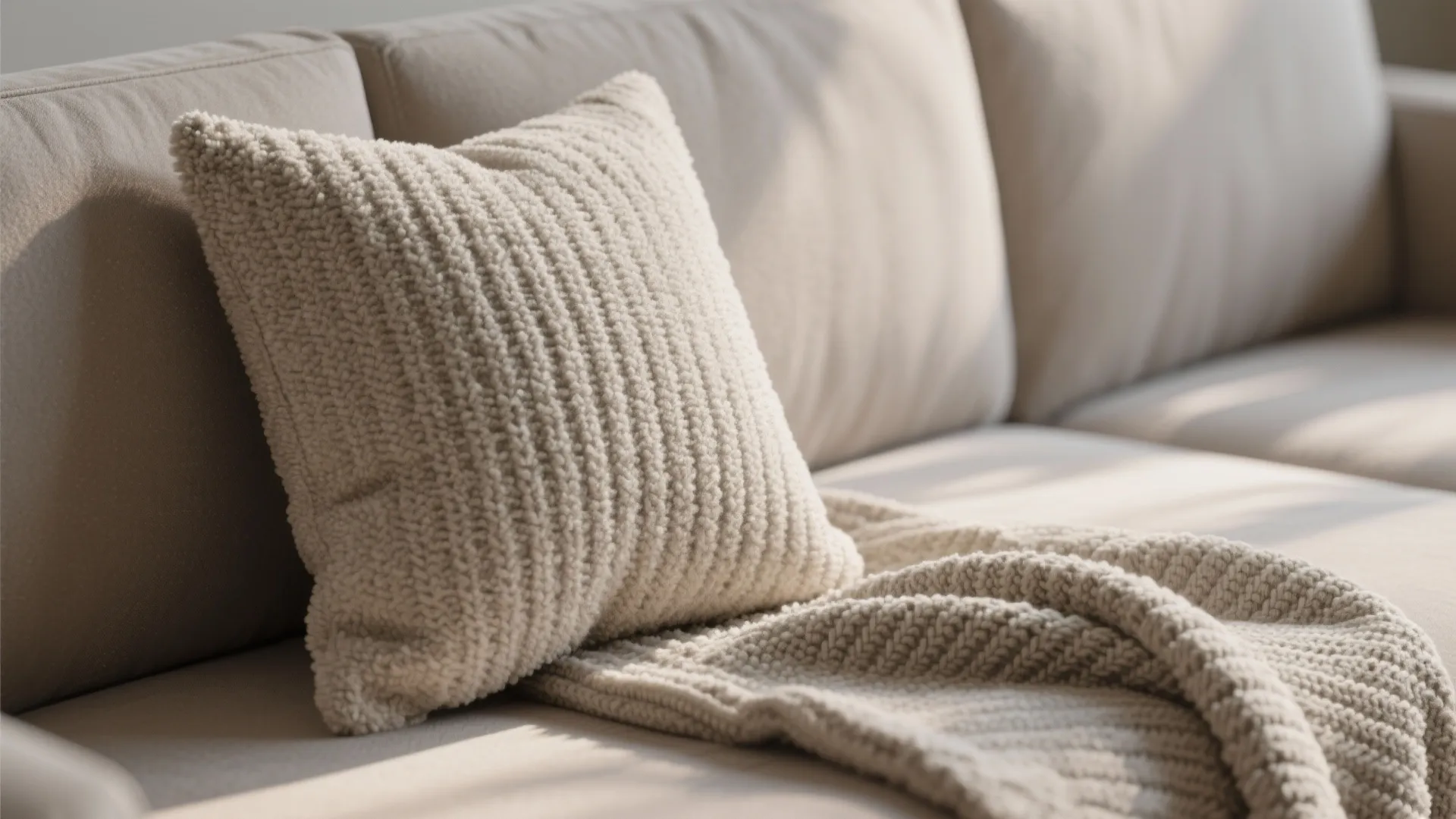 Close-up of a textured white pillow on a beige sofa with a soft knit blanket