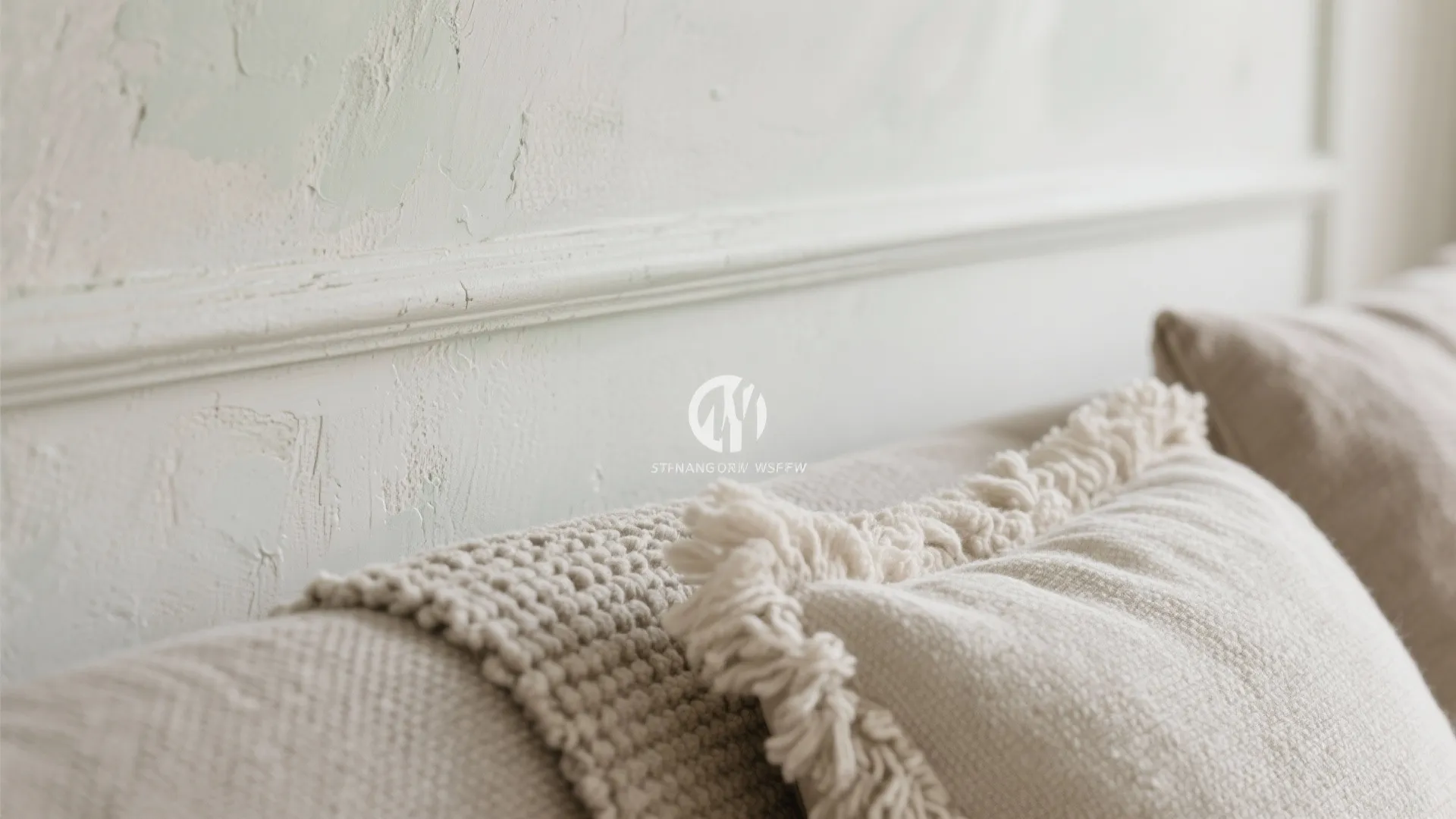 Close up of textured wall with decorative wall panel and soft white pillows with fringe