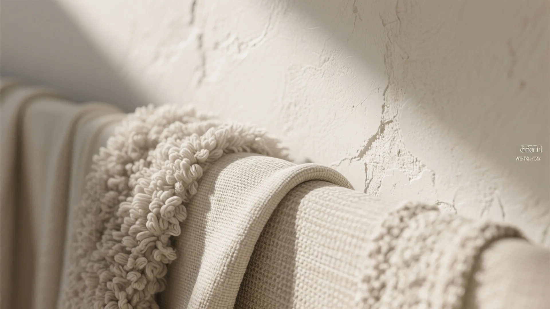 Close up view of soft beige fabric textures hanging against a textured cream plaster wall