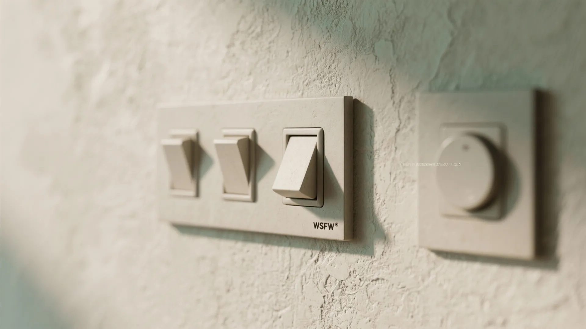 Close up of three white light switches and a dimmer on a textured beige wall