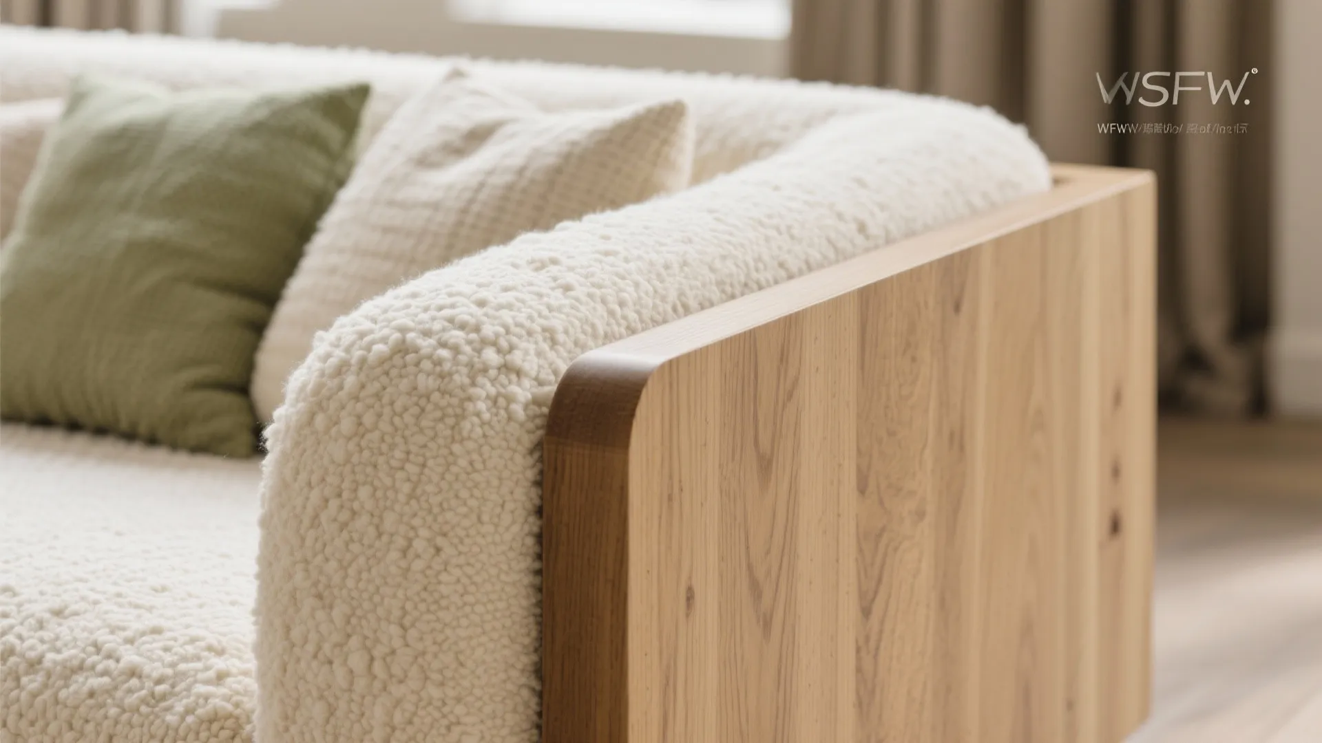 Close up of a cream textured sofa with a wooden frame and green accent pillows