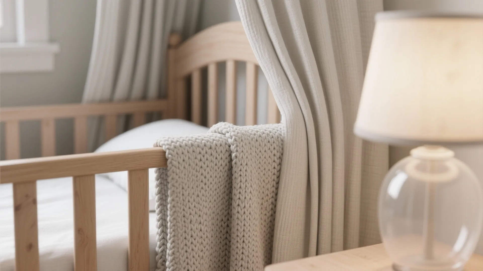 Close up view of wooden baby bed with soft knitted blanket and bedside table lamp