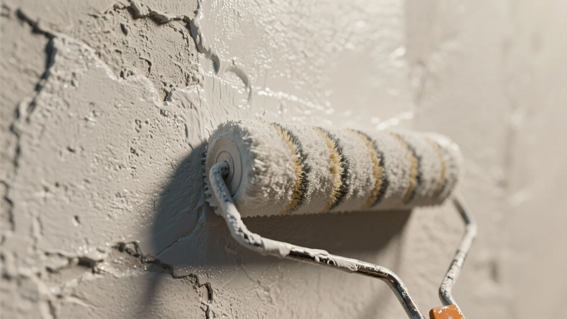 Macro view of paint being applied to a rough plaster wall, showing paint absorption and uneven texture.
