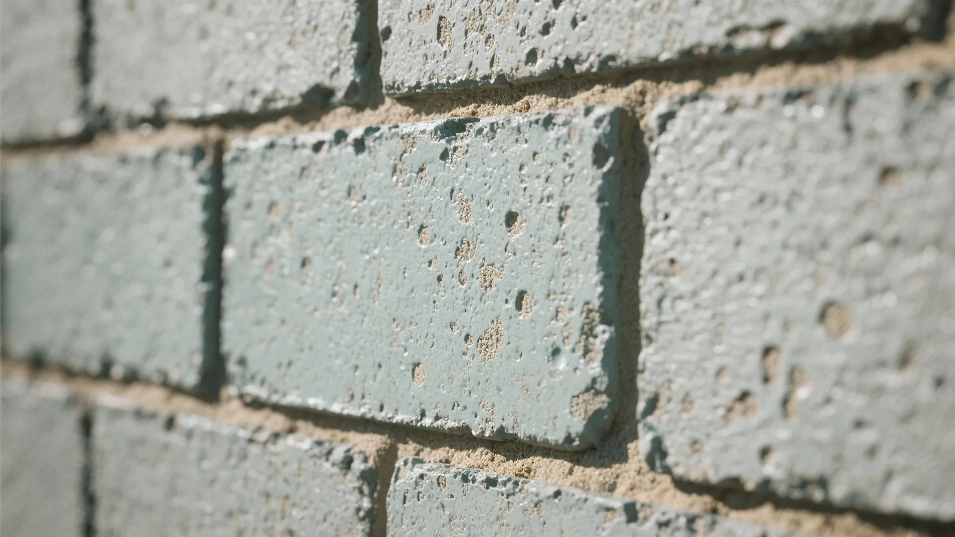 Close up view of a grey brick wall with rough surface texture and sandy grout