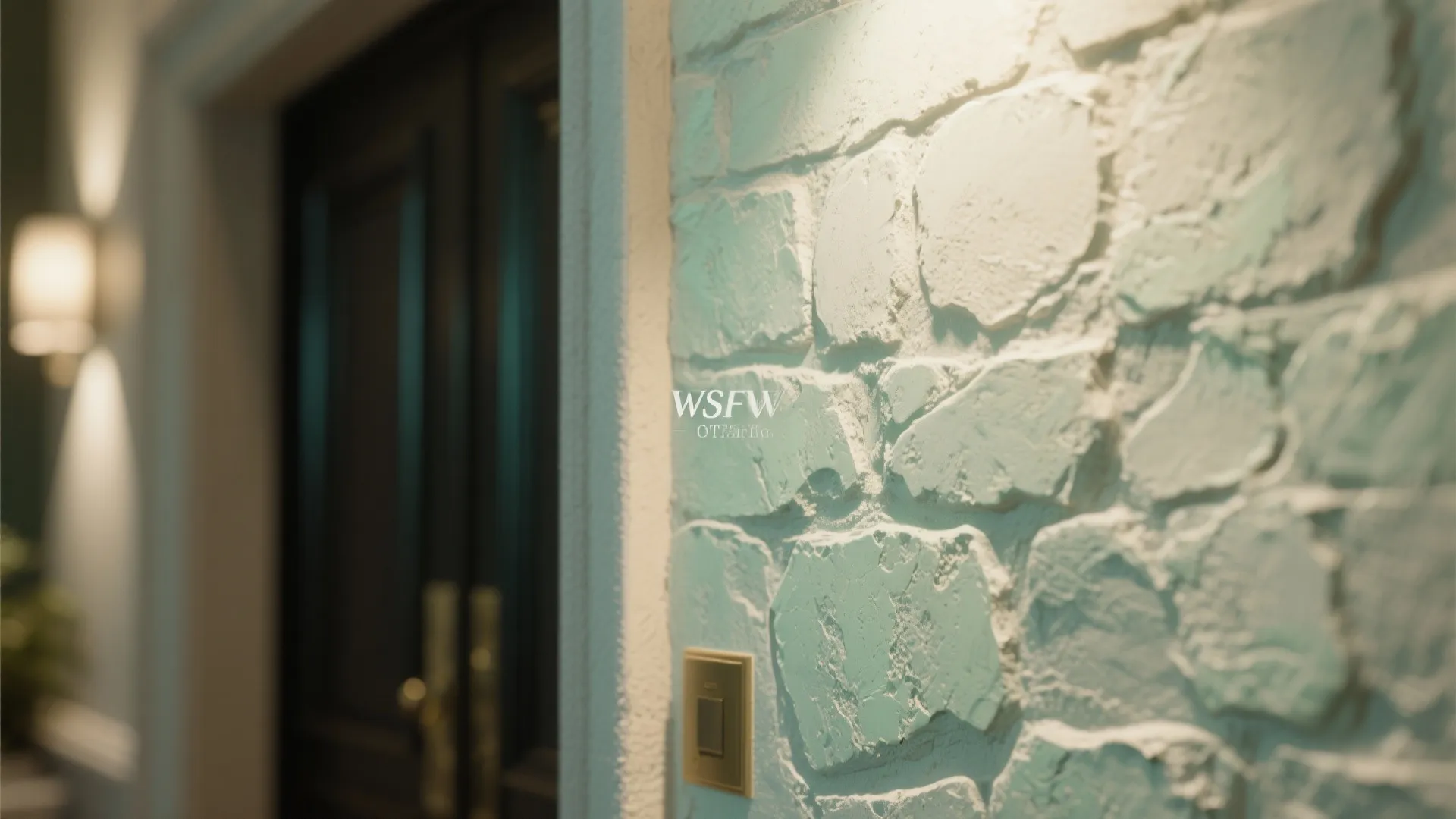 Close up of white textured stone wall with warm side lighting and a dark interior door