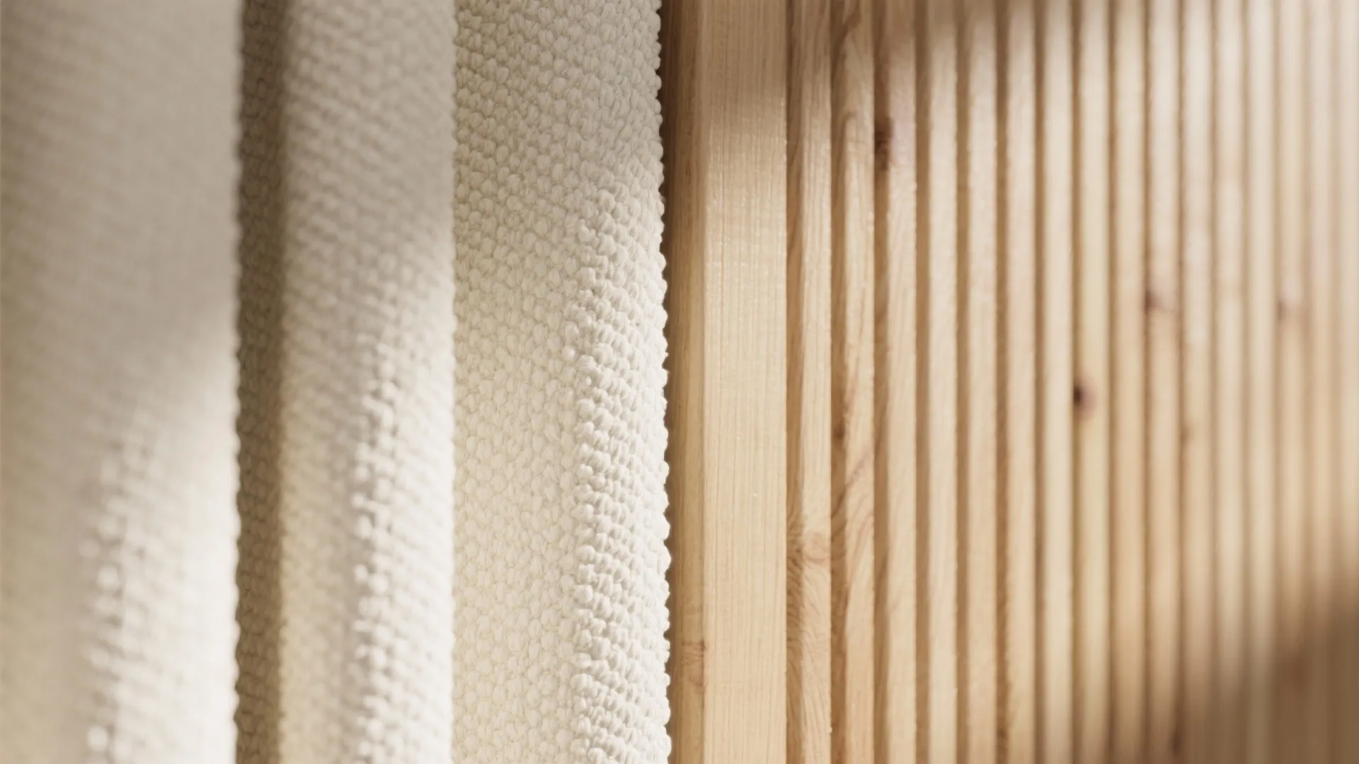 Close up of cream textured fabric next to vertical wood wall panels in natural light