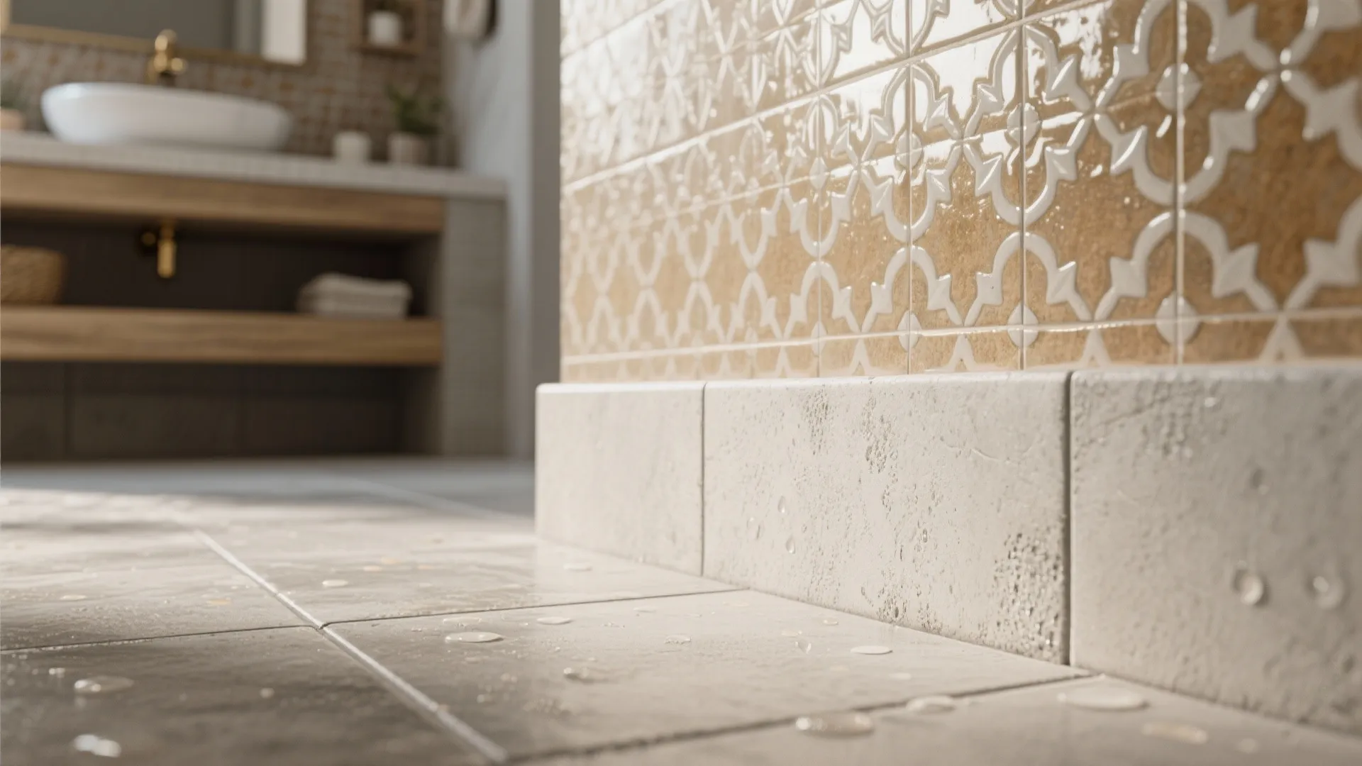Macro detail of matte cement-look floor meeting glossy zellige wall, showing tactile contrast and a neat grout line.