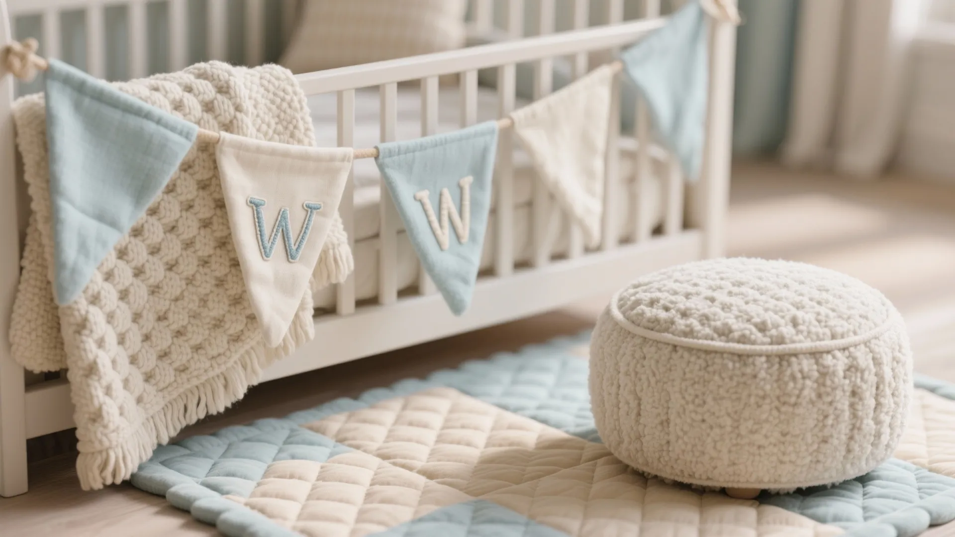 Close up of a white soft footrest on a blue and beige quilted floor play mat