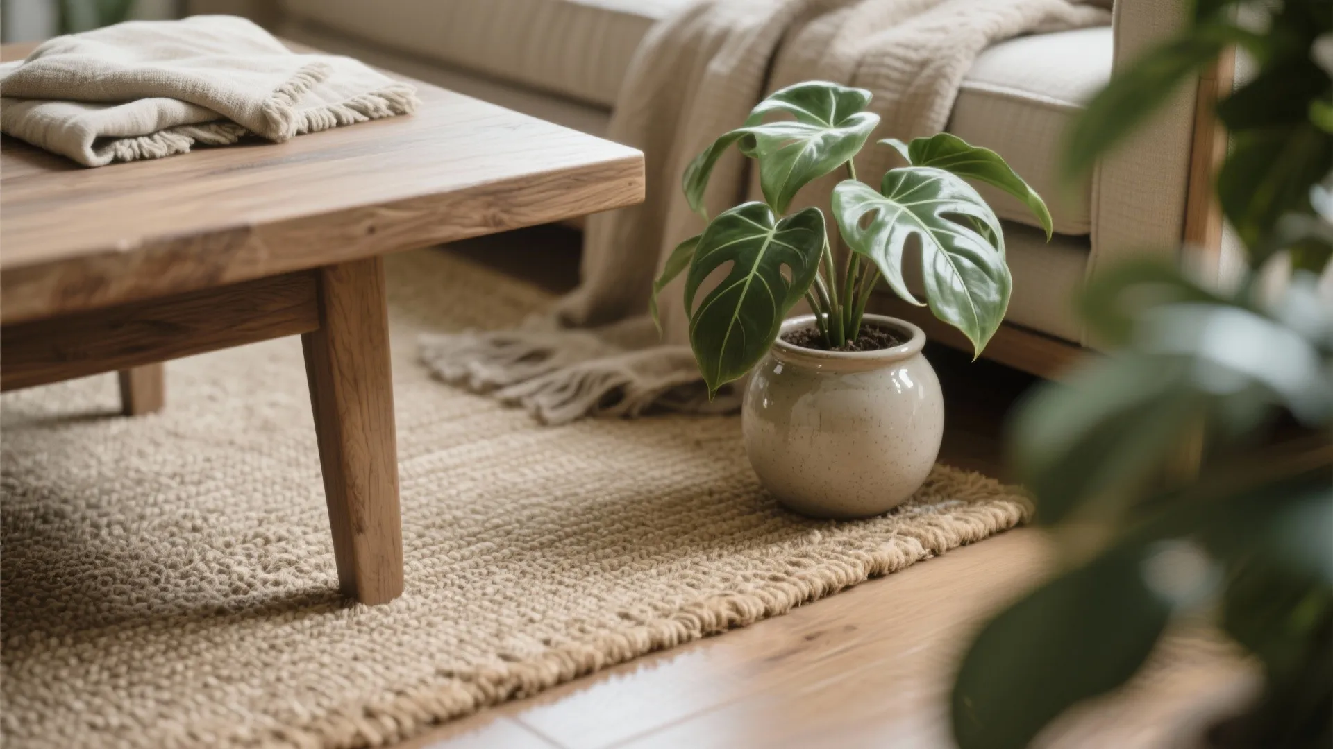 Mixed Natural Textures (Rugs, Woods, Linen) with Plants