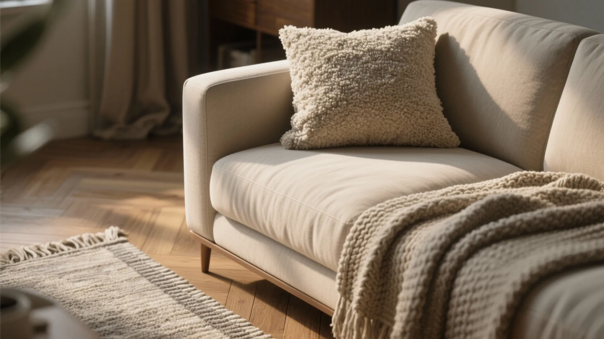 Close up of a beige sofa with textured pillow knitted blanket and wooden floor boards