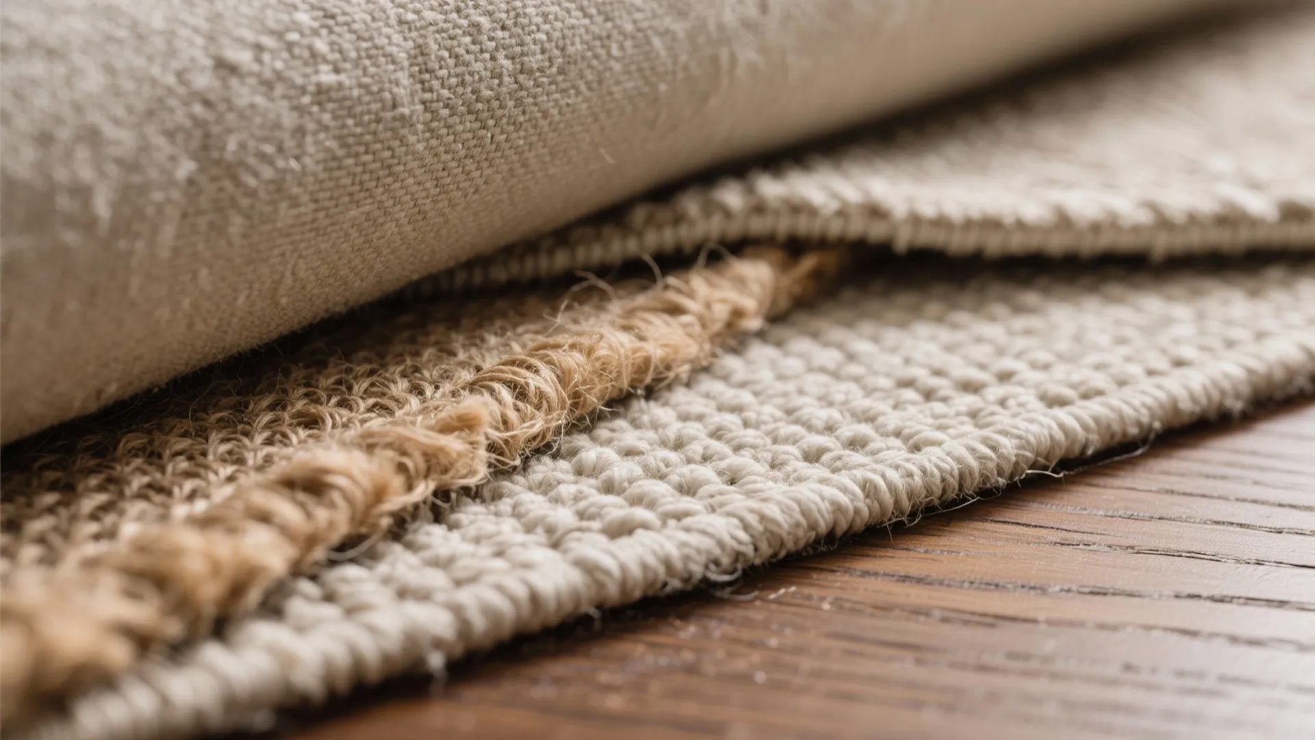 Close up view of layered beige fabric textures showing woven material and rough textile surface