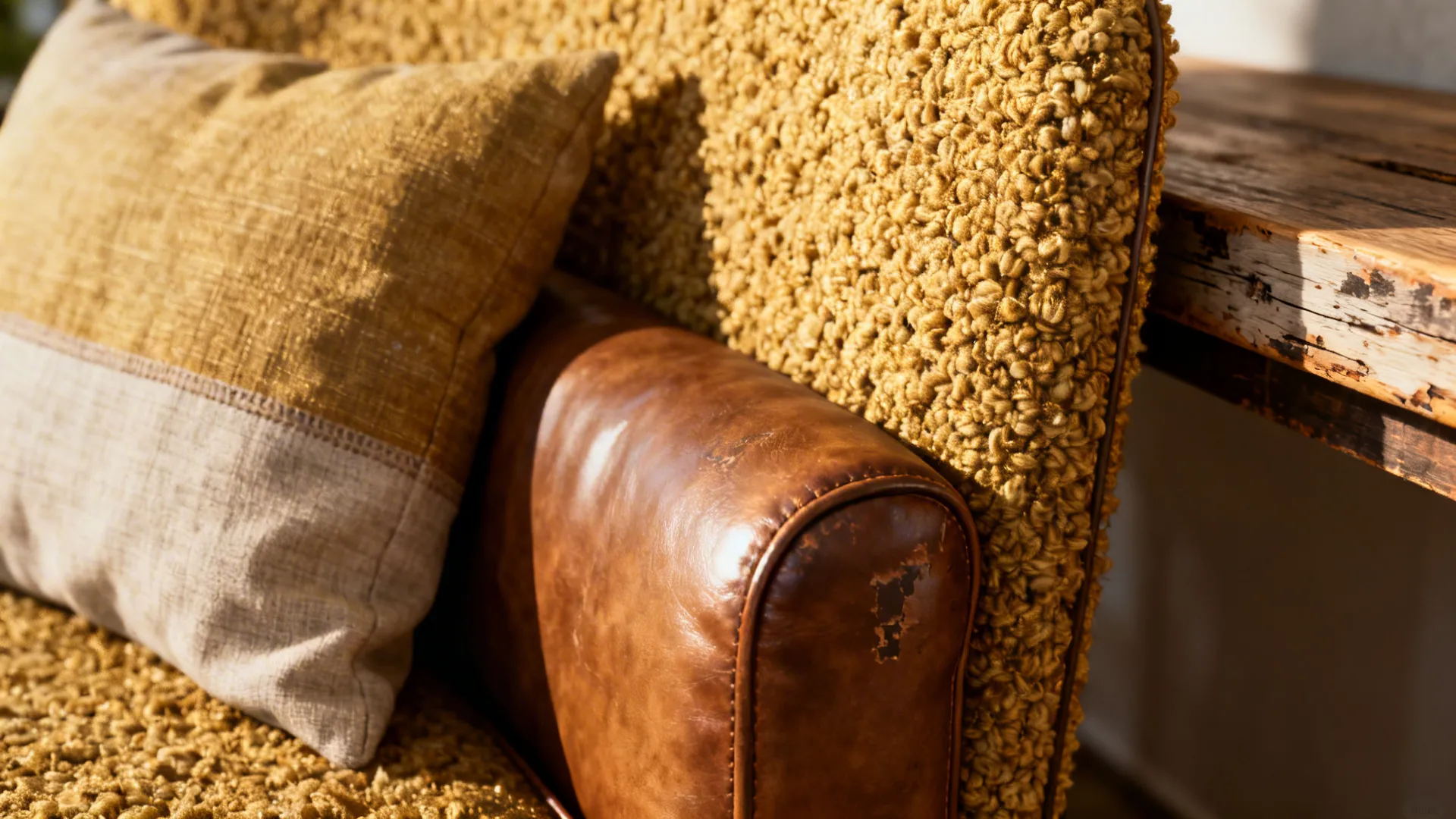 Close-up of boucle, leather, linen and reclaimed wood textures in a living room mix.