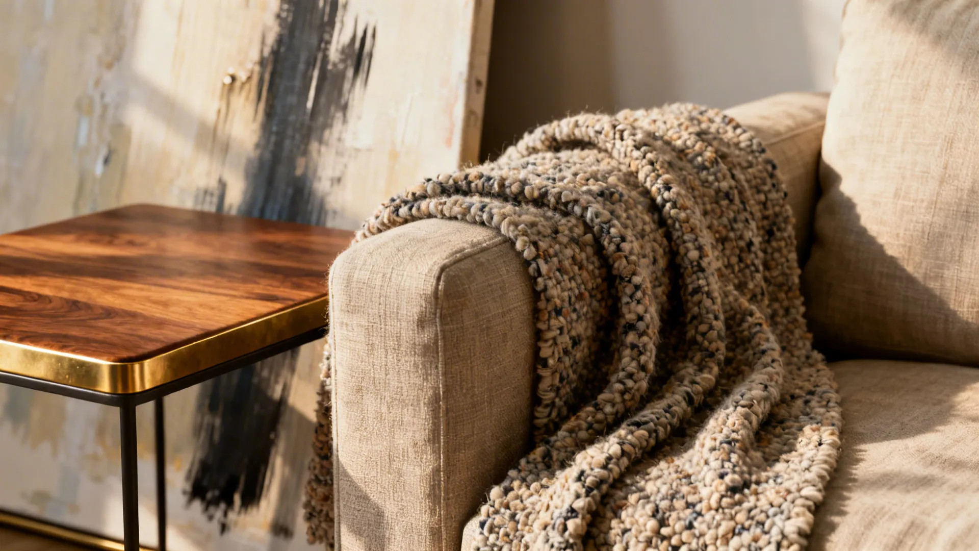 Macro of bouclé on linen with a warm wood table and brass detail in a modern drawing room.