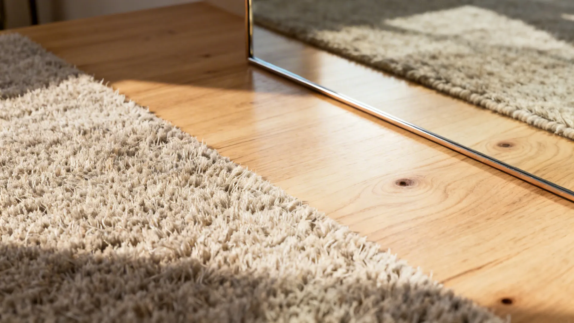 Close textures of a wool rug, light oak wood grain, and a softly reflecting mirror edge.