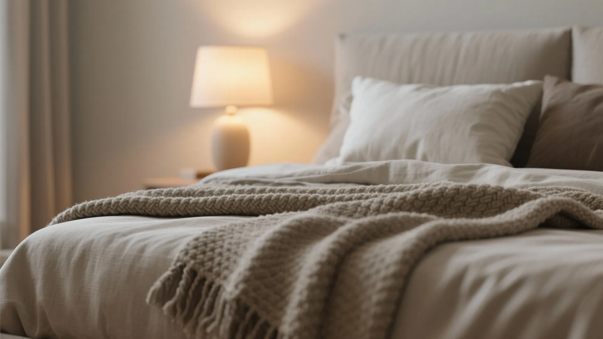 Close-up of matte paint, woven wool throw, and linen pillow showing tactile textures for sensory comfort