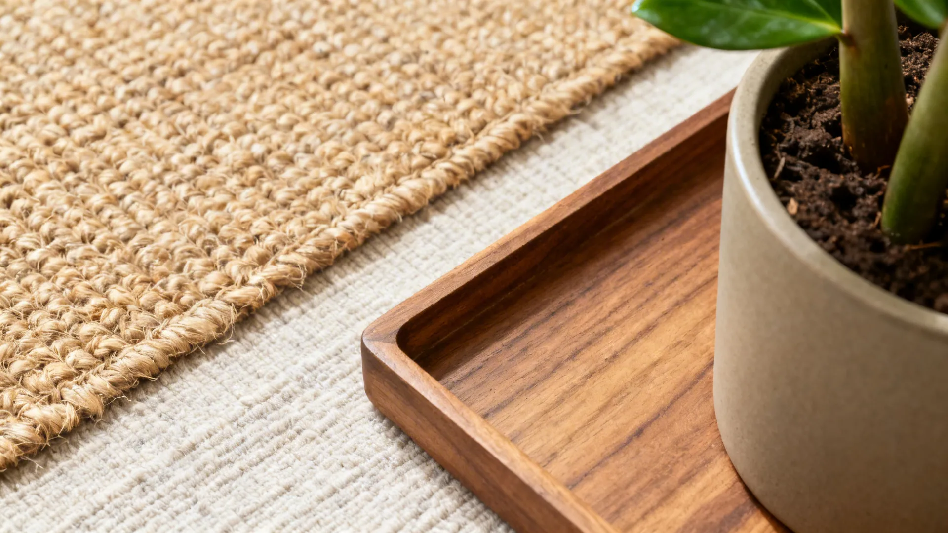 Macro of jute fibers layered on cotton rug beside a wood tray and matte ceramic planter with a ZZ stem.