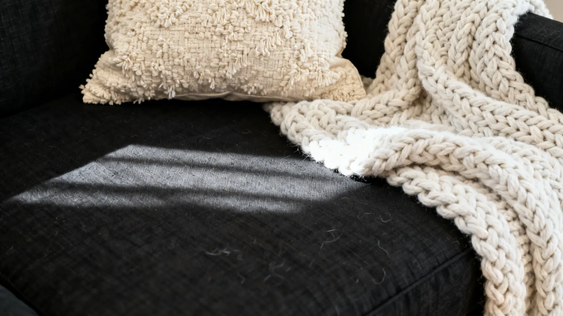Macro detail of black linen upholstery with a creamy boucle pillow and chunky knit throw.